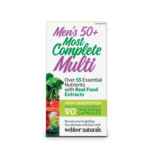 Product label for webber naturals Most Complete Multi Vegi Capsules for Men 50+ (90 capsules) in English