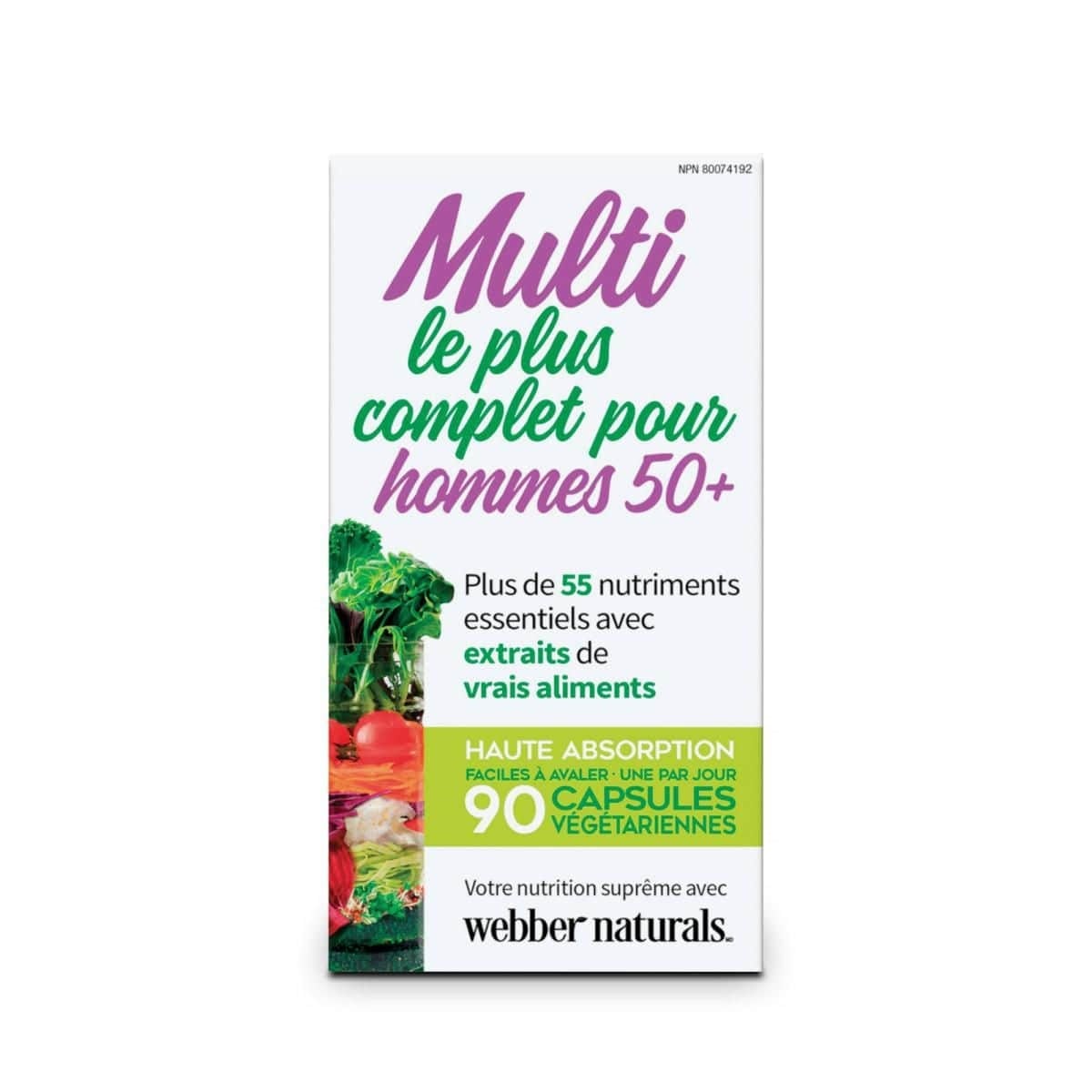 Product label for webber naturals Most Complete Multi Vegi Capsules for Men 50+ (90 capsules) in French