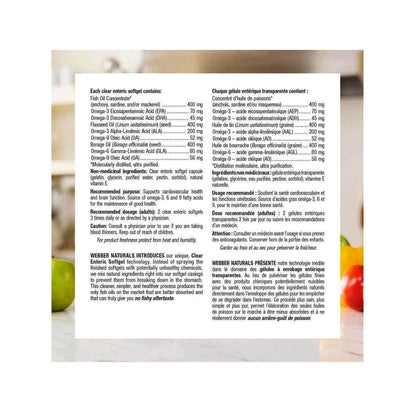 Ingredients, purpose, dosage, caution for webber naturals Omega-3-6-9 1200 mg Fish, Flax, Borage (180 softgels)