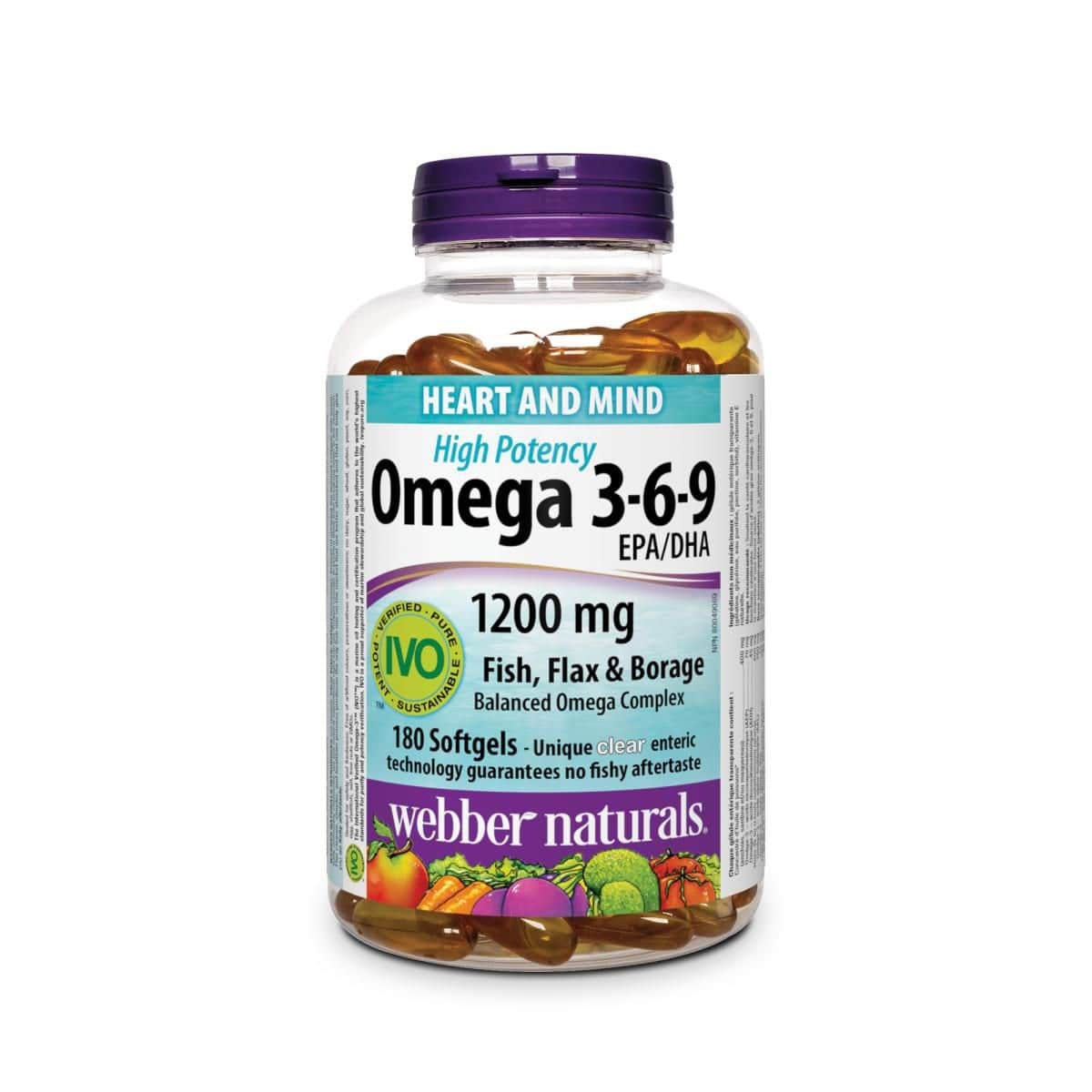 Product label for webber naturals Omega-3-6-9 1200 mg Fish, Flax, Borage (180 softgels) in English
