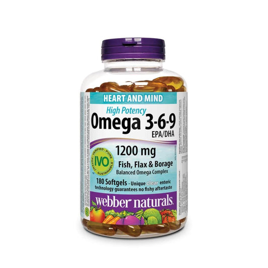 Product label for webber naturals Omega-3-6-9 1200 mg Fish, Flax, Borage (180 softgels) in English