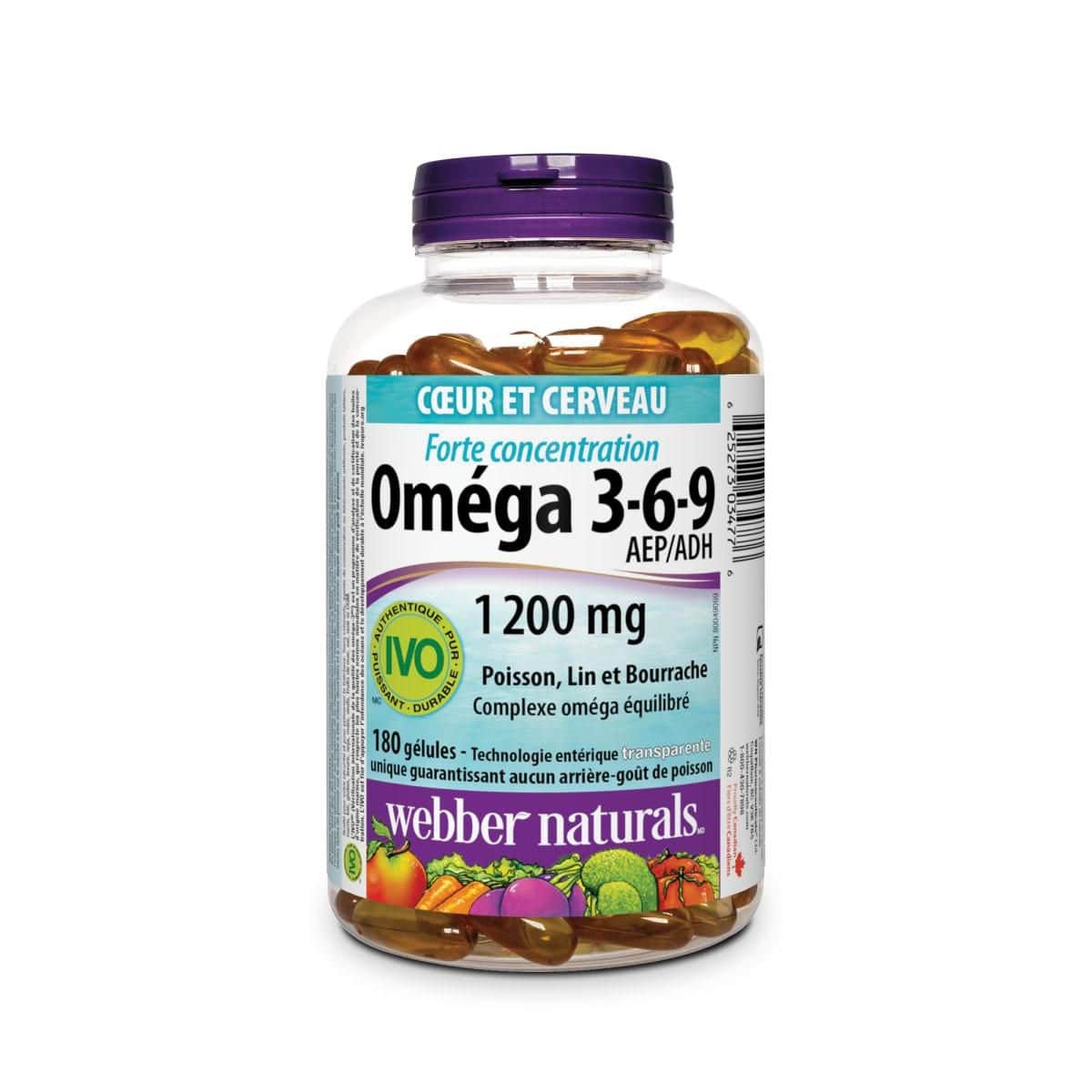 Product label for webber naturals Omega-3-6-9 1200 mg Fish, Flax, Borage (180 softgels) in French