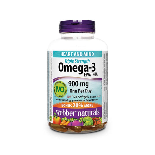 Product label for webber naturals Omega-3 Triple Strength 900mg (120 softgels) in English
