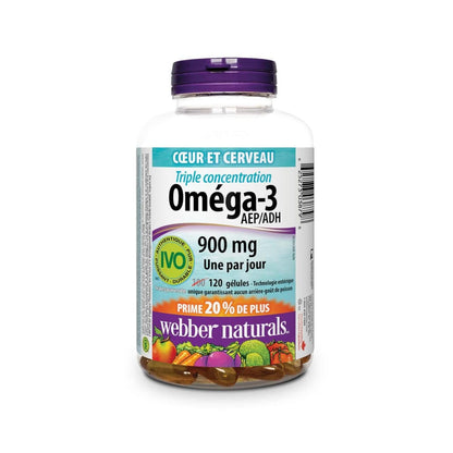 Product label for webber naturals Omega-3 Triple Strength 900mg (120 softgels) in French