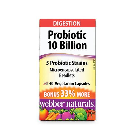 Product label for webber naturals Probiotic 10 Billion with 5 Probiotic Strains (40 capsules) in English