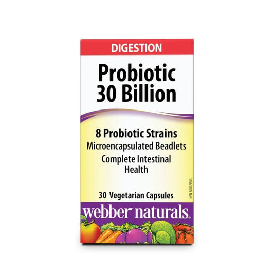 Product label for webber naturals Probiotic 30 Billion with 8 Probiotic Strains (30 capsules) in English