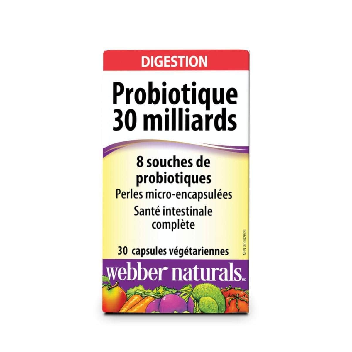 Product label for webber naturals Probiotic 30 Billion with 8 Probiotic Strains (30 capsules) in French