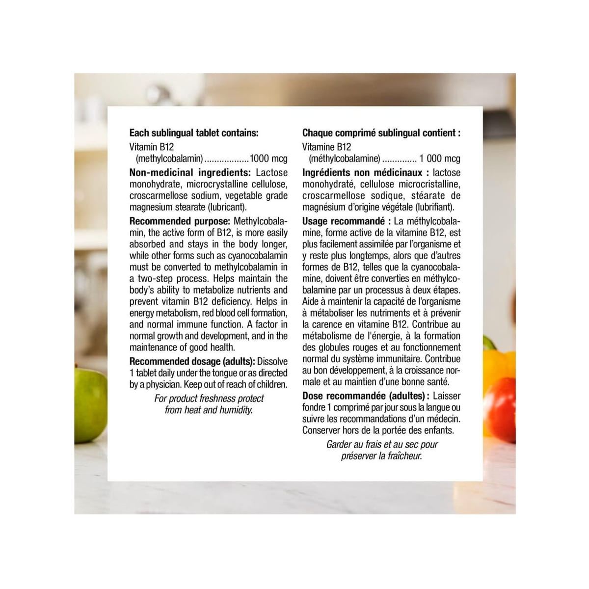 Ingredients, purpose, dosage for webber naturals Vitamin B12 1000mcg (150 sublingual tablets)