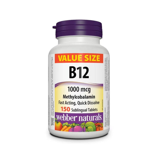 Product label for webber naturals Vitamin B12 1000mcg (150 sublingual tablets) in English