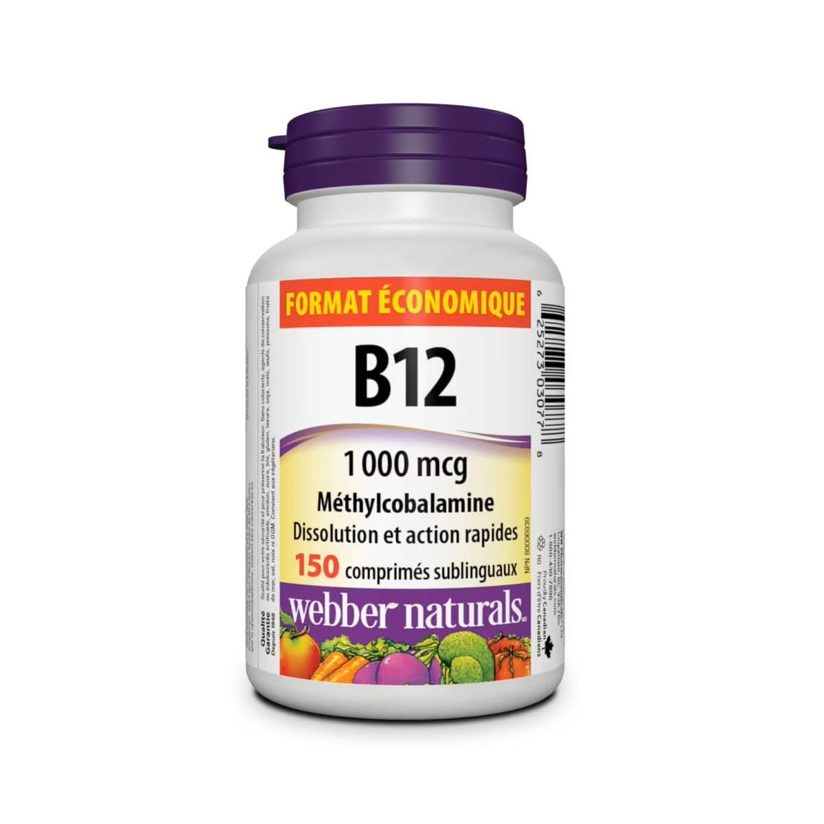 Product label for webber naturals Vitamin B12 1000mcg (150 sublingual tablets) in French