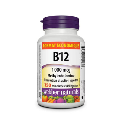 Product label for webber naturals Vitamin B12 1000mcg (150 sublingual tablets) in French