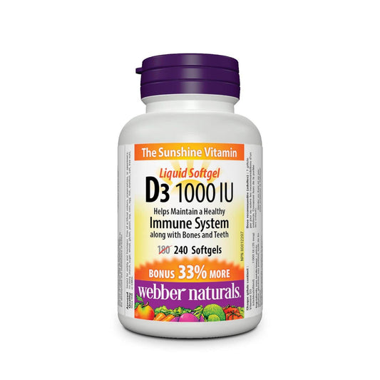Product label for webber naturals Vitamin D3 1000IU (240 softgels) in English
