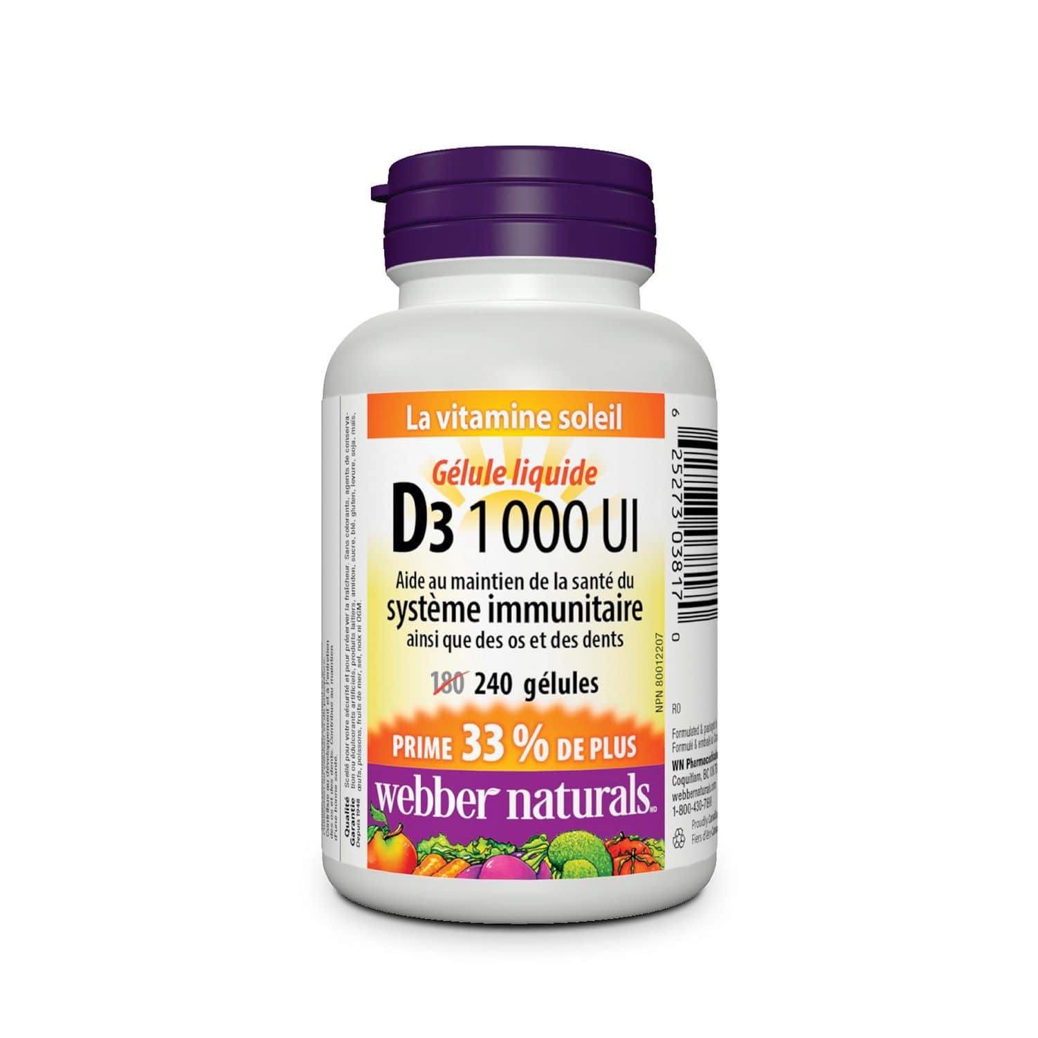 Product label for webber naturals Vitamin D3 1000IU (240 softgels) in French