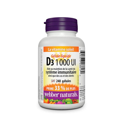 Product label for webber naturals Vitamin D3 1000IU (240 softgels) in French