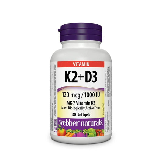 Product label for webber naturals Vitamin K2 (120 mcg) and D3 (1000 IU) (30 softgels) in English