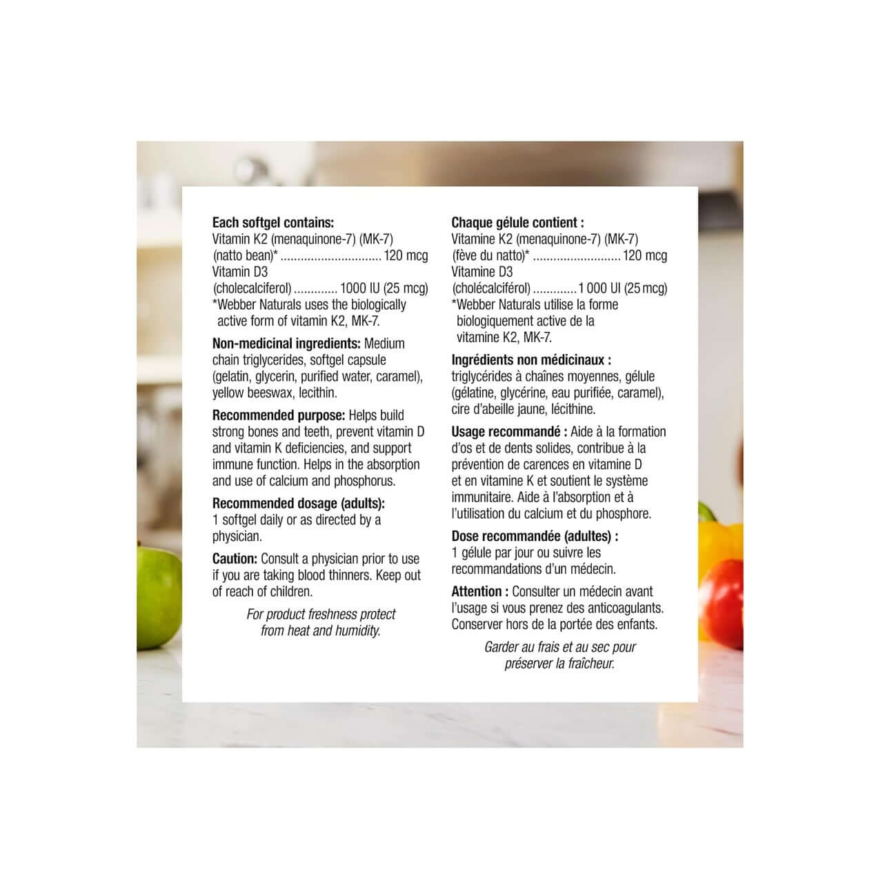 Ingredients, purpose, dosage, cautions for webber naturals Vitamin K2 (120 mcg) and D3 (1000 IU) (60 softgels)