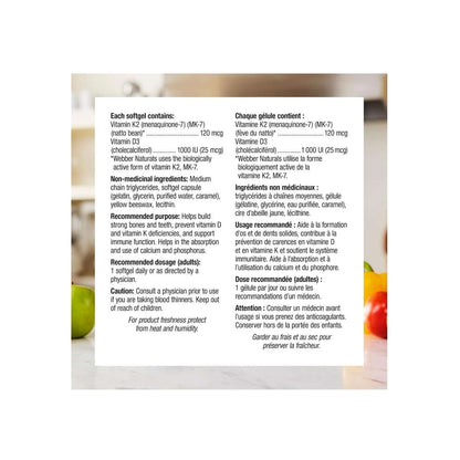 Ingredients, purpose, dosage, cautions for webber naturals Vitamin K2 (120 mcg) and D3 (1000 IU) (60 softgels)