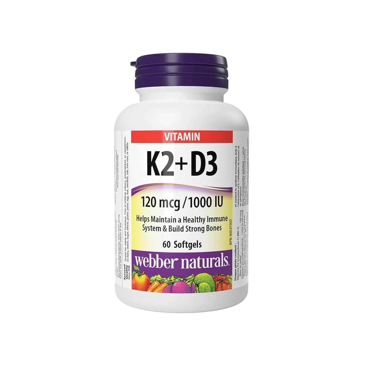 Product Label for webber naturals Vitamin K2 (120 mcg) and D3 (1000 IU) (60 softgels) in French