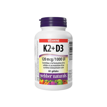 Product Label for webber naturals Vitamin K2 (120 mcg) and D3 (1000 IU) (60 softgels) in French
