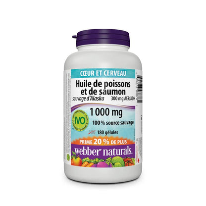 Product label for webber naturals Wild Alaskan Salmon and Fish Oil 300 EPA/DHA 1000 mg (180 softgels) in French