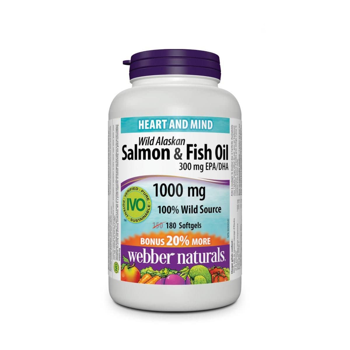 Product label for webber naturals Wild Alaskan Salmon and Fish Oil 300 EPA/DHA 1000 mg (180 softgels) in English