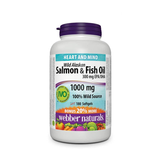 Product label for webber naturals Wild Alaskan Salmon and Fish Oil 300 EPA/DHA 1000 mg (180 softgels) in English