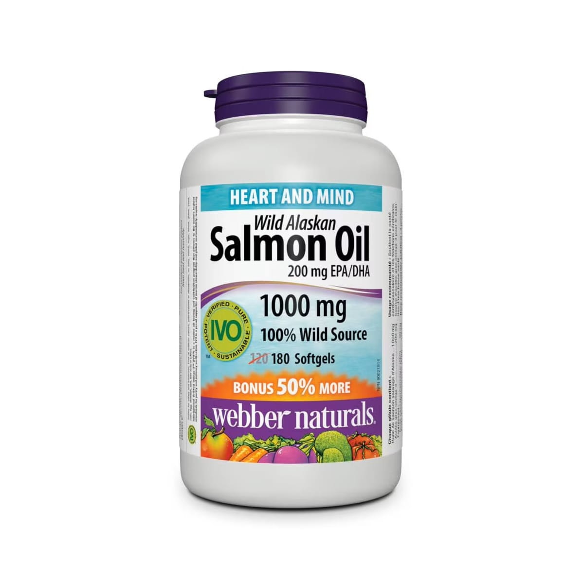 Product label for webber naturals Wild Alaskan Salmon 200 EPA/DHA 1000 mg (180 softgels) EN