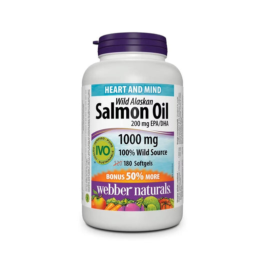 Product label for webber naturals Wild Alaskan Salmon 200 EPA/DHA 1000 mg (180 softgels) EN