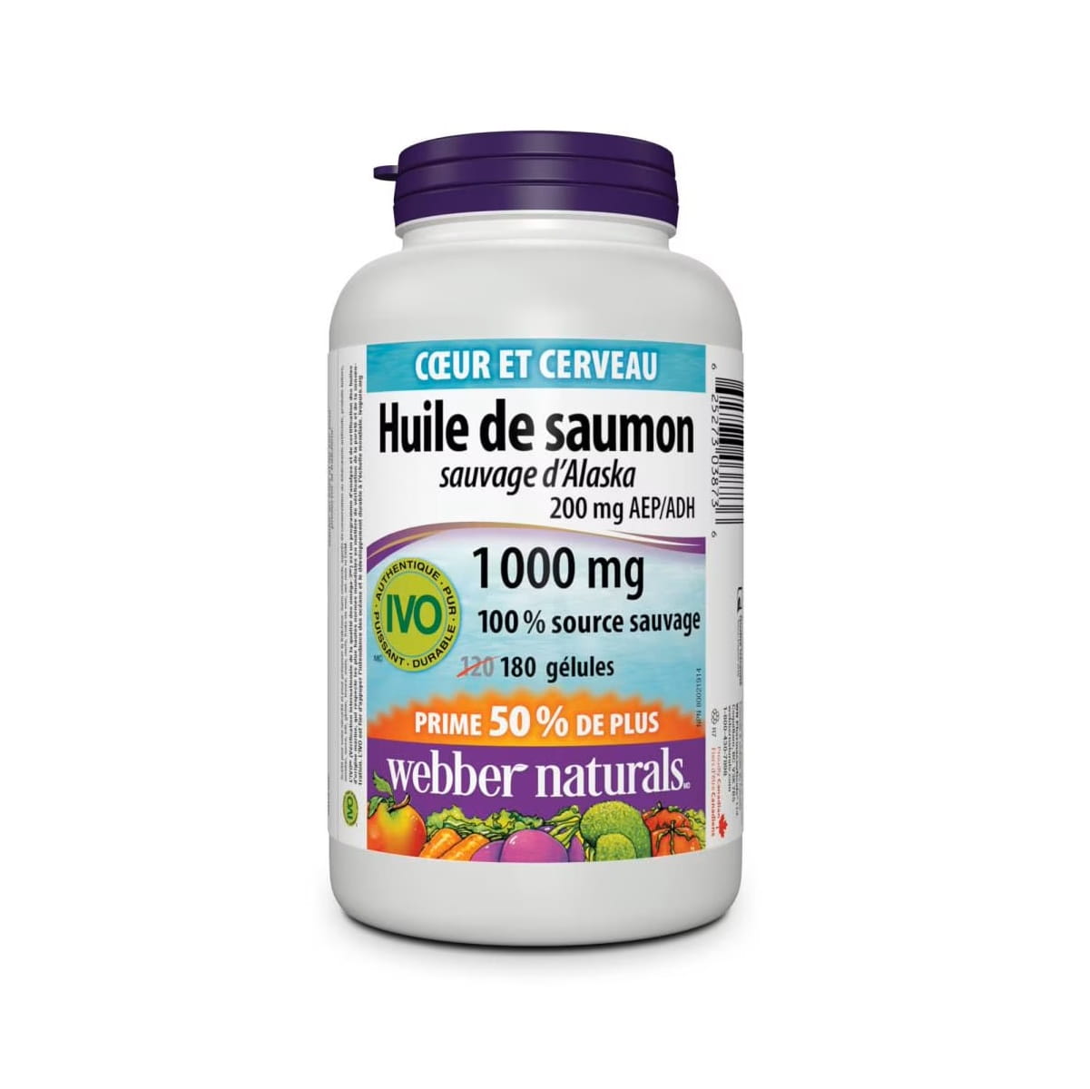 Product label for webber naturals Wild Alaskan Salmon 200 EPA/DHA 1000 mg (180 softgels) FR