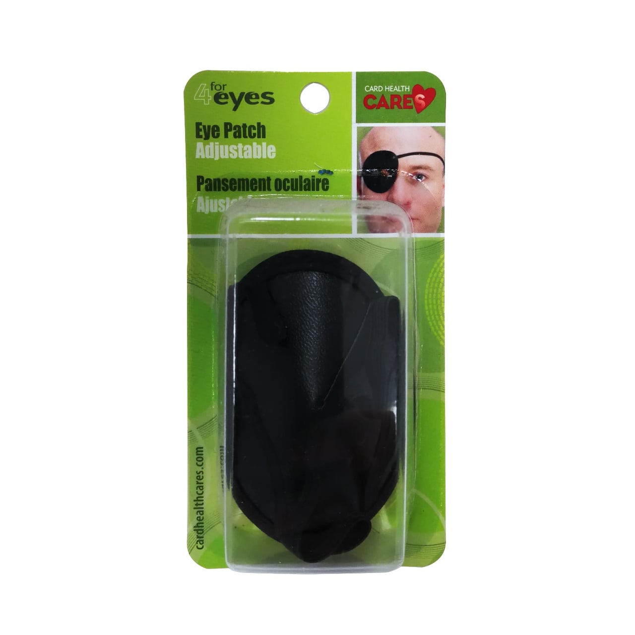 Black eye patch with clear plastic packaging for 4Eyes Adjustable Eye Patch.