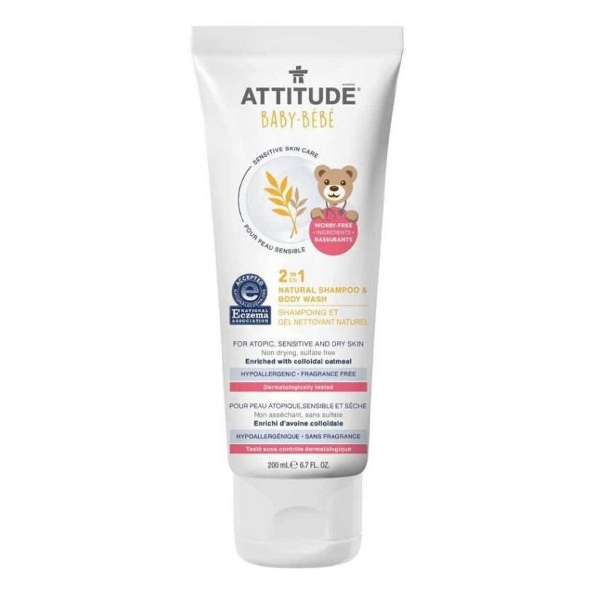Product label for ATTITUDE Sensitive Skin Baby 2 in 1 Natural Shampoo & Body Wash (200 mL)