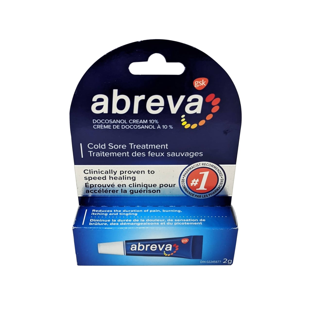 Packaging for Abreva Cold Sore Treatment Tube Cream.