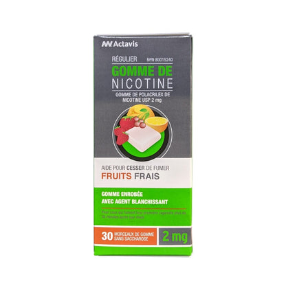Product label for Actavis Regular Strength Nicotine Polacrilex Gum 2 mg (30 count) in French