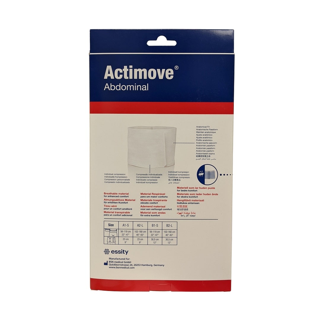 Product features and size chart for Actimove Abdominal Support 9-inch (Small)