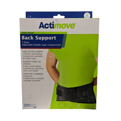 Product label for Actimove Back Support with 4 Stays and Adjustable Double Layer Compression (Large)