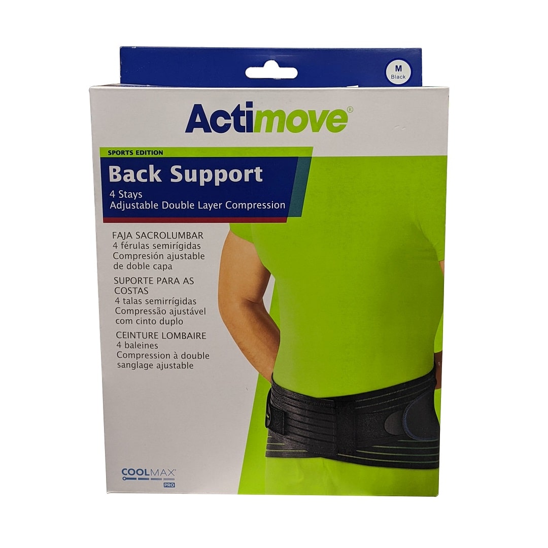 Product label for Actimove Back Support with 4 Stays and Adjustable Double Layer Compression (Medium)