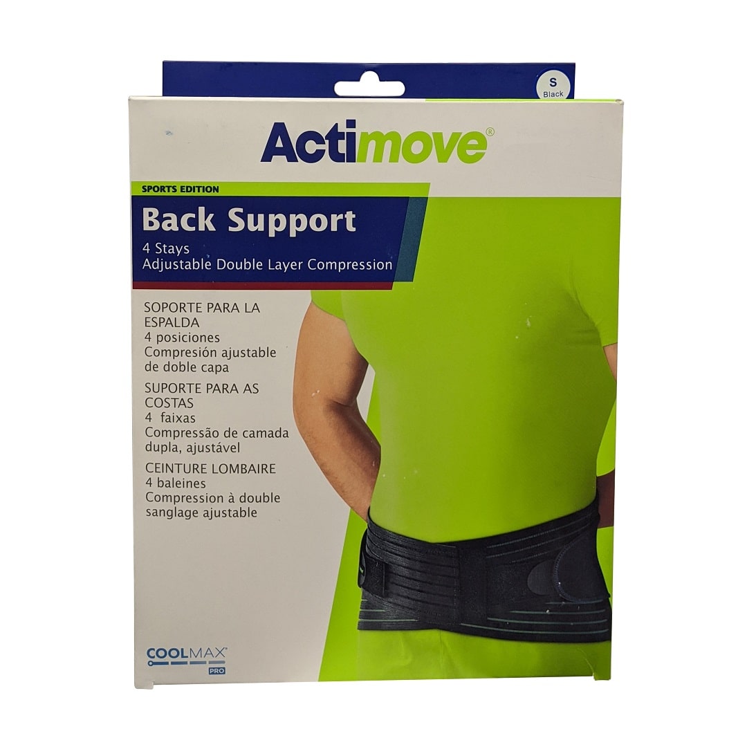 Product label for Actimove Back Support with 4 Stays and Adjustable Double Layer Compression (Small)