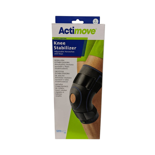 Product label for Actimove Knee Stabilizer with Adjustable Horseshoe and Stays (Large)