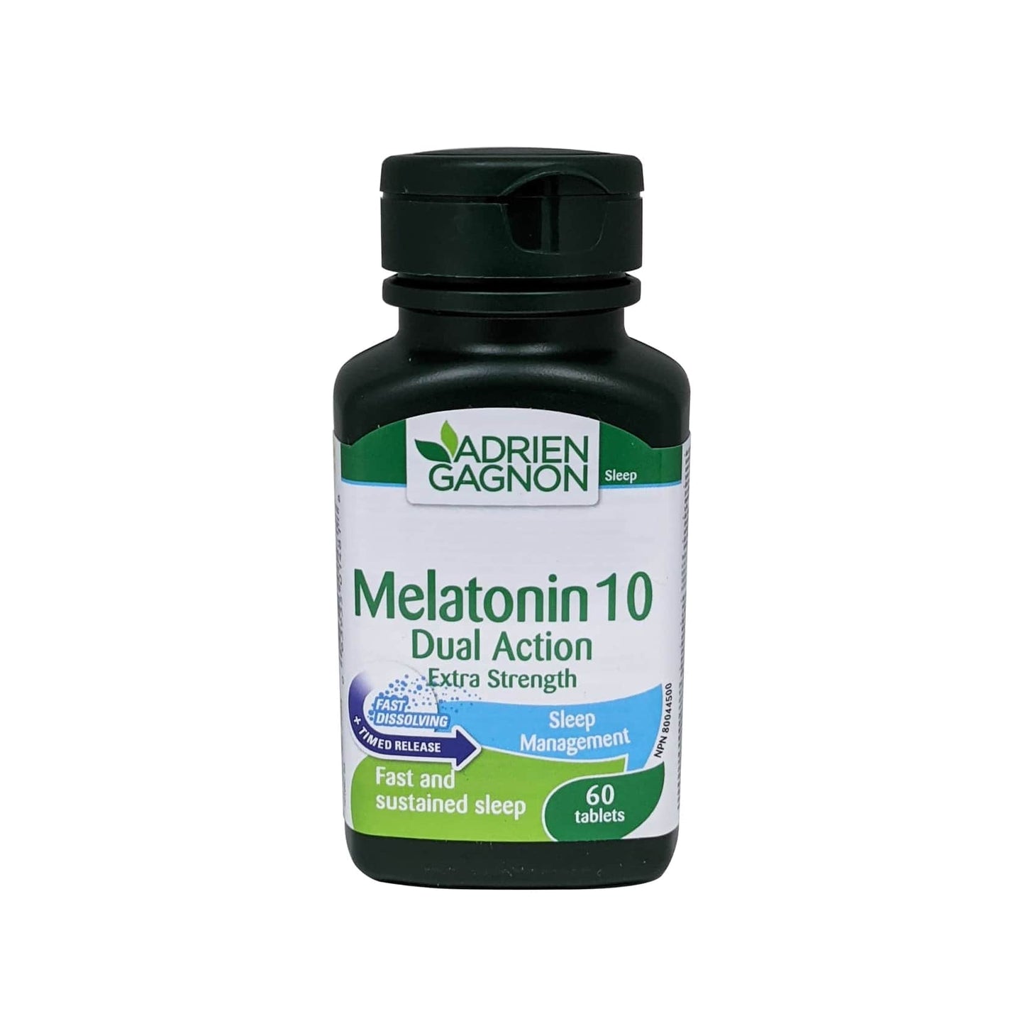 English product label for Adrien Gagnon Melatonin 10 Dual Action Extra Strength