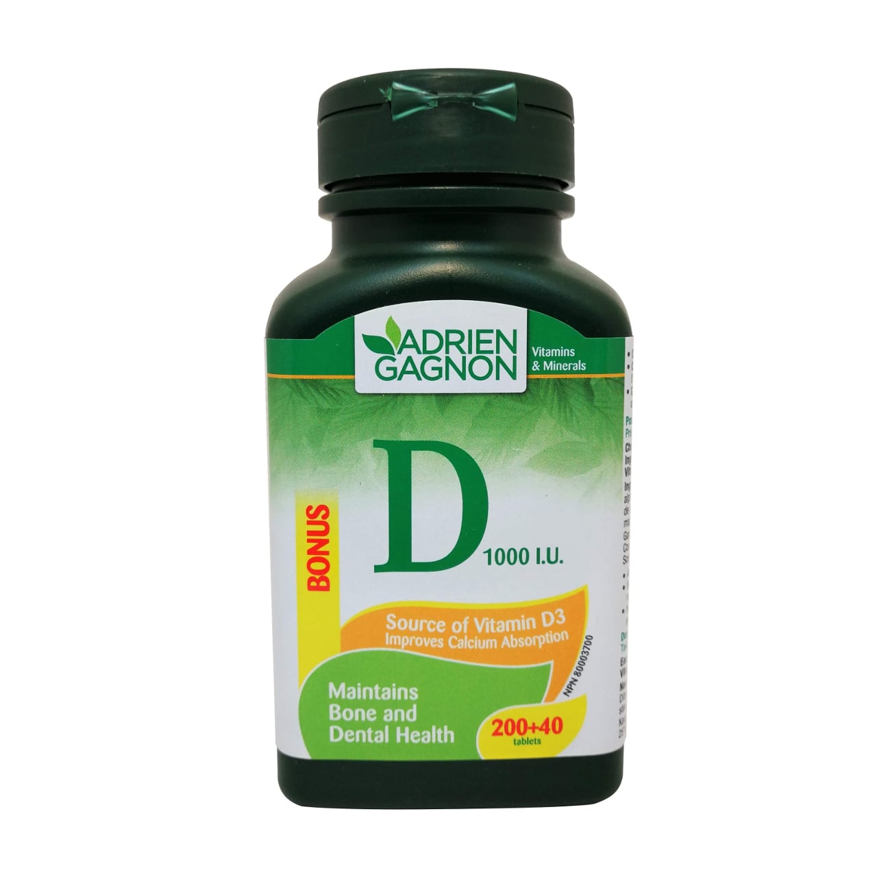 English product label for Adrien Gagnon Vitamin D 1000 IU tablets