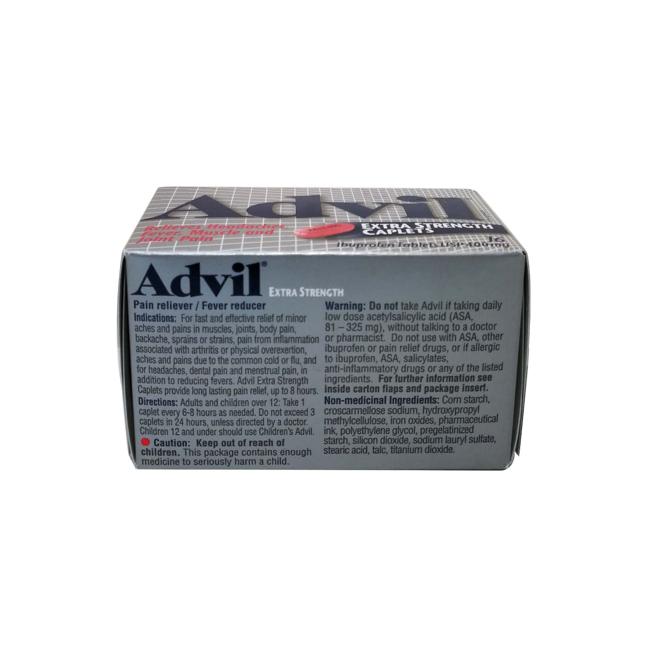 English product details, directions, ingredients, and warnings for Advil Extra Strength Ibuprofen 400mg Caplets