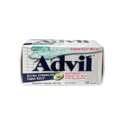 Product label for Advil Extra Strength Ibuprofen 400mg (50 Gel Capsules) in English