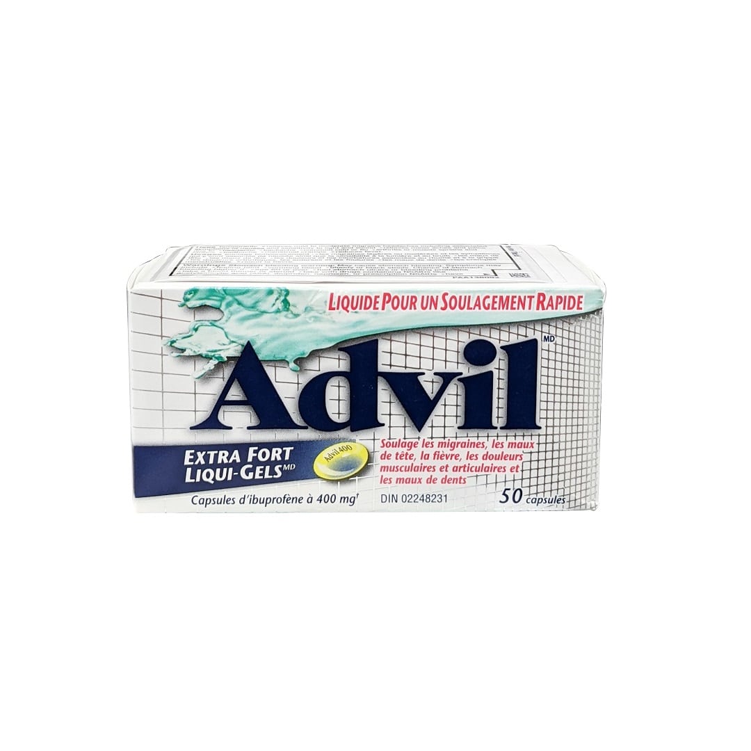 Product label for Advil Extra Strength Ibuprofen 400mg (50 Gel Capsules) in French