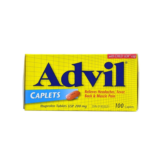 Product label for Advil Ibuprofen 200mg (100 Caplets) in English