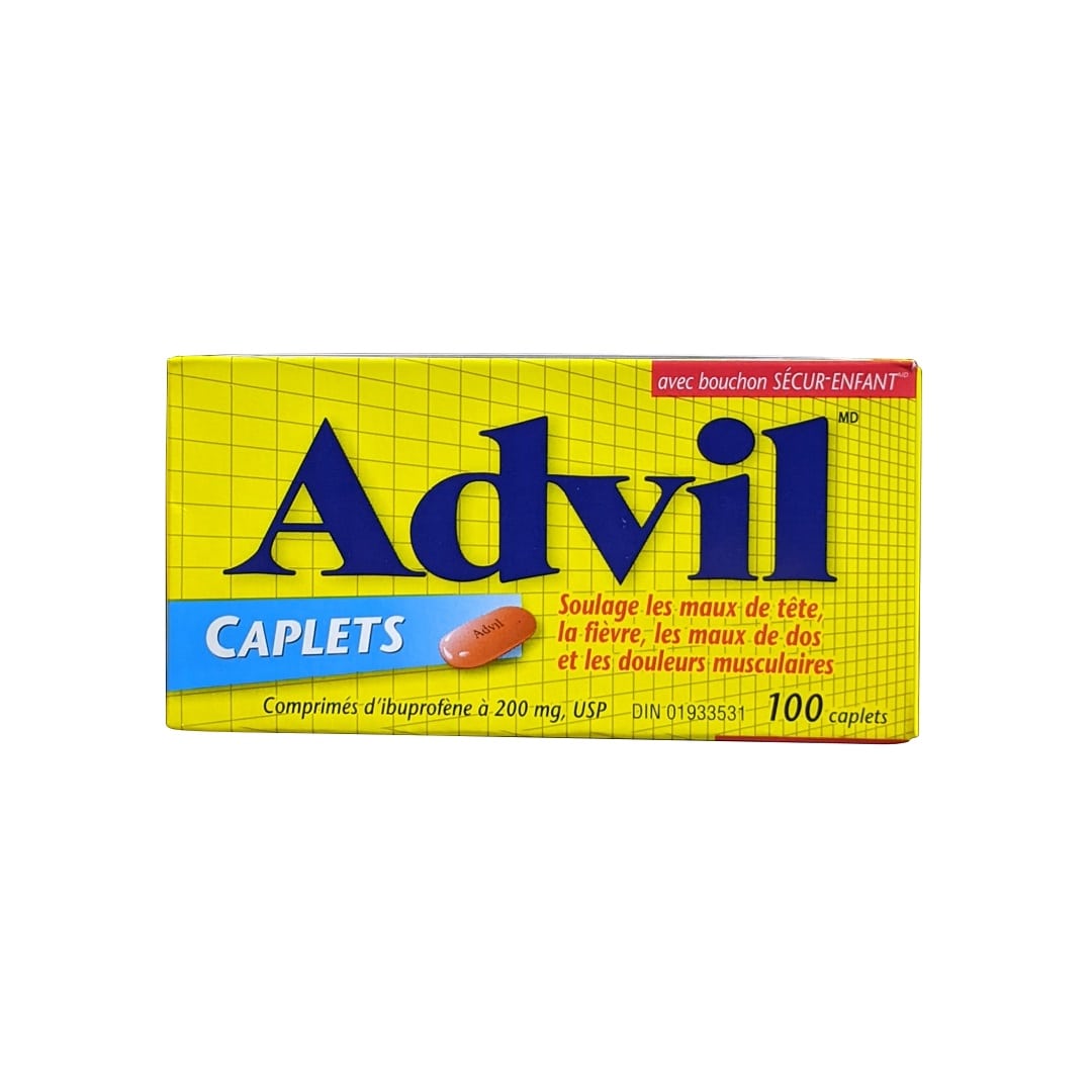 Product label for Advil Ibuprofen 200mg (100 Caplets) in French