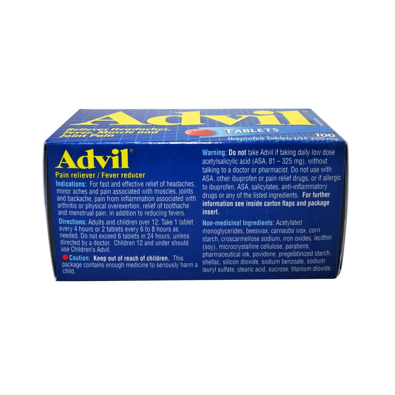 Product details, indications, directions, and warnings for Advil Ibuprofen 200mg Tablets 100 pack in English