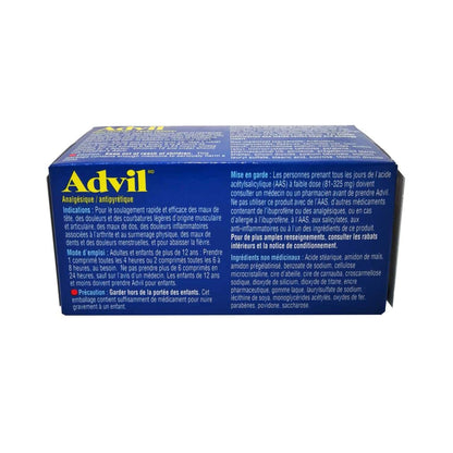 Product details, indications, directions, and warnings for Advil Ibuprofen 200mg Tablets 100 pack in French