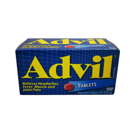 English product label for Advil Ibuprofen 200mg Tablets 100 pack