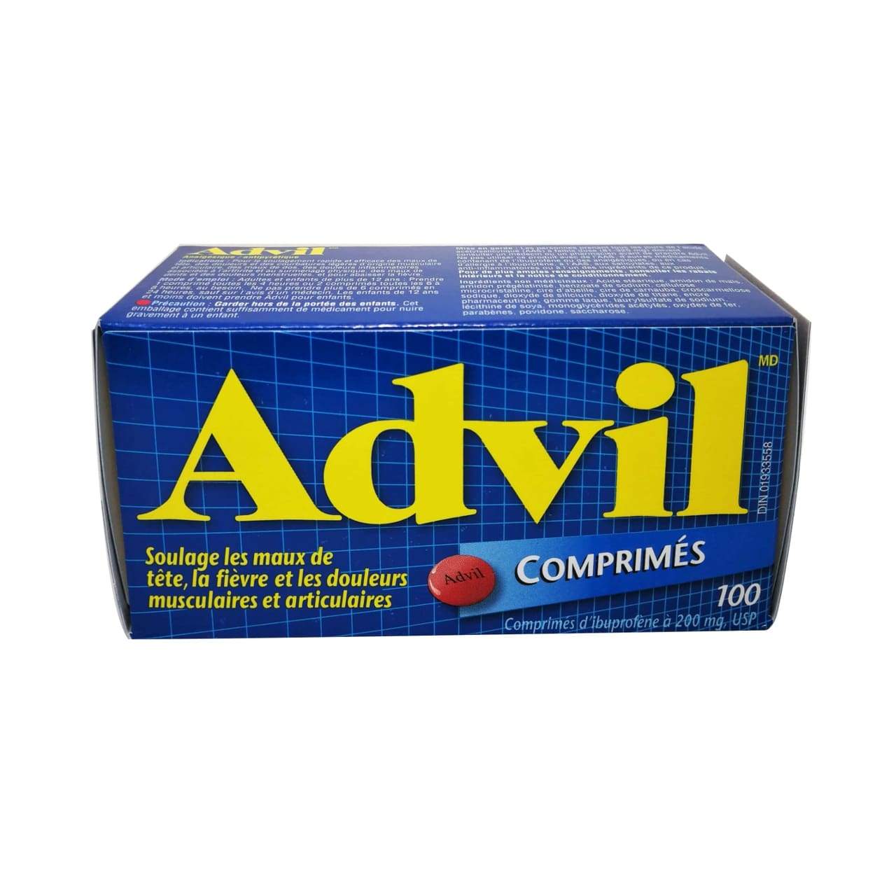 French product label for Advil Ibuprofen 200mg Tablets 100 pack