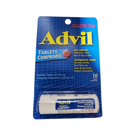 Product label for Advil Ibuprofen 200 mg (10 Tablets)